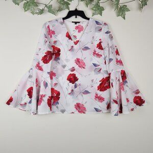 Banana Republic Size M Floral White Red Pink V-Neck Long Bell Sleeve Top Blouse